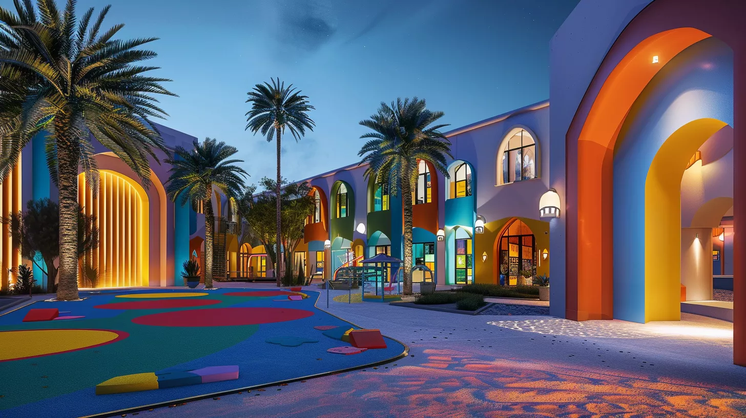 Exterior design of a typical kindergarten in cheerful colors Exterior design of a typical kindergarten in cheerful colors